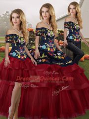 Wine Red Quince Ball Gowns Military Ball and Sweet 16 and Quinceanera with Embroidery and Ruffled Layers Off The Shoulder Sleeveless Brush Train Lace Up