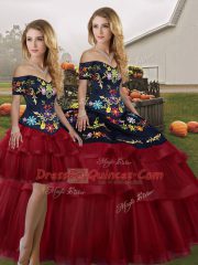 Wine Red Quince Ball Gowns Military Ball and Sweet 16 and Quinceanera with Embroidery and Ruffled Layers Off The Shoulder Sleeveless Brush Train Lace Up