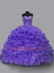 Exquisite Sleeveless Floor Length Beading and Ruffles Lace Up Vestidos de Quinceanera with Purple