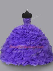 Exquisite Sleeveless Floor Length Beading and Ruffles Lace Up Vestidos de Quinceanera with Purple