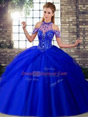 Halter Top Sleeveless Tulle Sweet 16 Dresses Beading and Pick Ups Brush Train Lace Up