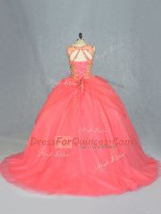 Super Tulle Sleeveless Sweet 16 Dress Brush Train and Beading