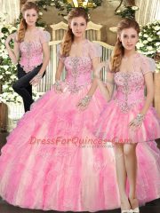 Elegant Baby Pink Sleeveless Floor Length Beading and Ruffles Lace Up Sweet 16 Quinceanera Dress