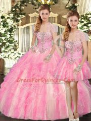 Elegant Baby Pink Sleeveless Floor Length Beading and Ruffles Lace Up Sweet 16 Quinceanera Dress