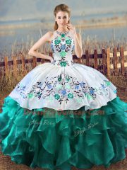 Turquoise Halter Top Neckline Embroidery and Ruffles Sweet 16 Quinceanera Dress Sleeveless Lace Up