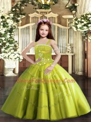 Unique Yellow Green Ball Gowns Tulle Straps Sleeveless Beading Floor Length Lace Up Pageant Dress for Girls