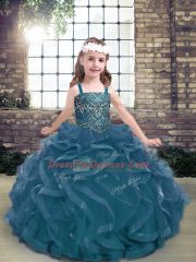Floor Length Blue Pageant Dress for Teens Tulle Sleeveless Beading and Ruffles