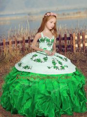 Amazing Green Ball Gowns Embroidery Child Pageant Dress Lace Up Organza Sleeveless Floor Length