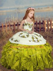 Ball Gowns Girls Pageant Dresses Olive Green Straps Organza Sleeveless Floor Length Lace Up