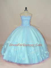Top Selling Aqua Blue Sweetheart Lace Up Beading and Hand Made Flower Sweet 16 Quinceanera Dress Sleeveless