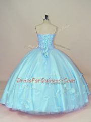 Top Selling Aqua Blue Sweetheart Lace Up Beading and Hand Made Flower Sweet 16 Quinceanera Dress Sleeveless