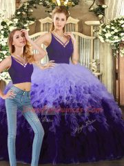 Glamorous Tulle V-neck Sleeveless Backless Beading and Ruffles Sweet 16 Dresses in Purple and Multi-color