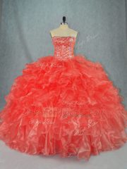 Top Selling Red Organza Lace Up Strapless Sleeveless Floor Length Sweet 16 Quinceanera Dress Beading and Ruffles