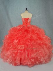 Top Selling Red Organza Lace Up Strapless Sleeveless Floor Length Sweet 16 Quinceanera Dress Beading and Ruffles