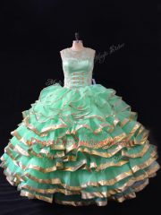 Colorful Floor Length Apple Green Sweet 16 Dress Organza Sleeveless Ruffles