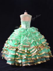 Colorful Floor Length Apple Green Sweet 16 Dress Organza Sleeveless Ruffles