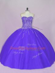 Blue and Purple Tulle Lace Up Sweetheart Sleeveless Floor Length Quinceanera Dress Beading