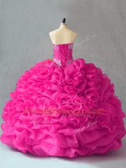 Fuchsia Sweetheart Lace Up Beading and Pick Ups and Hand Made Flower Sweet 16 Quinceanera Dress Sleeveless