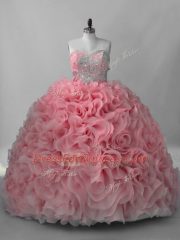 Deluxe Pink Fabric With Rolling Flowers Lace Up Quinceanera Dresses Sleeveless Brush Train Beading