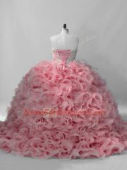 Deluxe Pink Fabric With Rolling Flowers Lace Up Quinceanera Dresses Sleeveless Brush Train Beading
