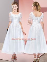 White Lace Up Scoop Beading and Lace Vestidos de Damas Tulle Short Sleeves