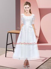 White Lace Up Scoop Beading and Lace Vestidos de Damas Tulle Short Sleeves