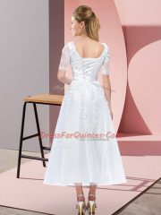 White Lace Up Scoop Beading and Lace Vestidos de Damas Tulle Short Sleeves
