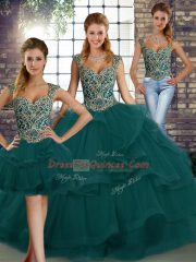 Peacock Green Lace Up Sweet 16 Dresses Beading and Ruffles Sleeveless Floor Length