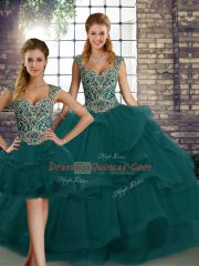 Peacock Green Lace Up Sweet 16 Dresses Beading and Ruffles Sleeveless Floor Length
