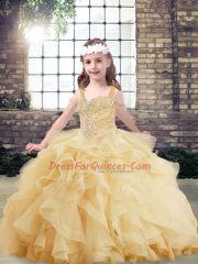 Top Selling Tulle Straps Sleeveless Lace Up Beading and Ruffles Kids Formal Wear in Gold