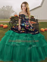 Designer Off The Shoulder Sleeveless Tulle Quinceanera Gowns Embroidery and Ruffled Layers Brush Train Lace Up
