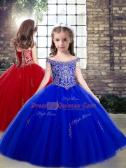 Beading and Appliques Child Pageant Dress Royal Blue Lace Up Sleeveless Floor Length