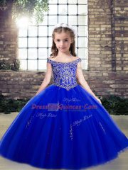 Beading and Appliques Child Pageant Dress Royal Blue Lace Up Sleeveless Floor Length