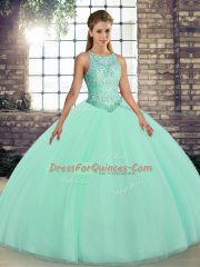 On Sale Sleeveless Tulle Floor Length Lace Up Quinceanera Dresses in Apple Green with Embroidery