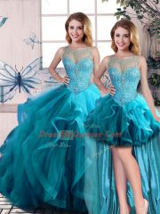 Floor Length Lace Up Vestidos de Quinceanera Aqua Blue for Sweet 16 and Quinceanera with Beading and Ruffles