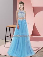 Baby Blue Sleeveless Tulle Zipper Quinceanera Court of Honor Dress for Wedding Party