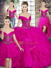 Fuchsia Sleeveless Beading and Ruffles Floor Length Quince Ball Gowns