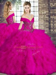 Fuchsia Sleeveless Beading and Ruffles Floor Length Quince Ball Gowns