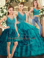 V-neck Sleeveless Backless Quinceanera Dresses Teal Organza