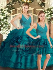 V-neck Sleeveless Backless Quinceanera Dresses Teal Organza