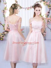 Affordable Tulle Short Sleeves Tea Length Quinceanera Dama Dress and Lace and Belt