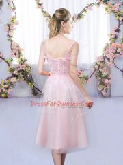 Affordable Tulle Short Sleeves Tea Length Quinceanera Dama Dress and Lace and Belt
