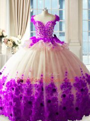 Trendy White And Purple Zipper Scoop Hand Made Flower Sweet 16 Quinceanera Dress Tulle Sleeveless Brush Train