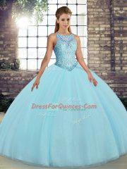 Sleeveless Floor Length Embroidery Lace Up Quinceanera Dress with Aqua Blue
