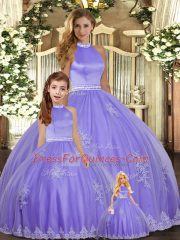 Lavender Halter Top Neckline Beading and Appliques Ball Gown Prom Dress Sleeveless Backless
