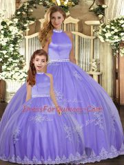 Lavender Halter Top Neckline Beading and Appliques Ball Gown Prom Dress Sleeveless Backless