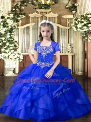 Royal Blue Tulle Lace Up Pageant Gowns For Girls Sleeveless Floor Length Beading and Ruffles