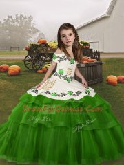 Green Lace Up Straps Embroidery and Ruffled Layers Pageant Dress Wholesale Tulle Sleeveless