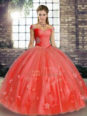 Custom Design Watermelon Red Off The Shoulder Lace Up Beading and Appliques Quinceanera Gown Sleeveless