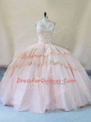 High End Halter Top Sleeveless Lace Up Quince Ball Gowns Peach Tulle